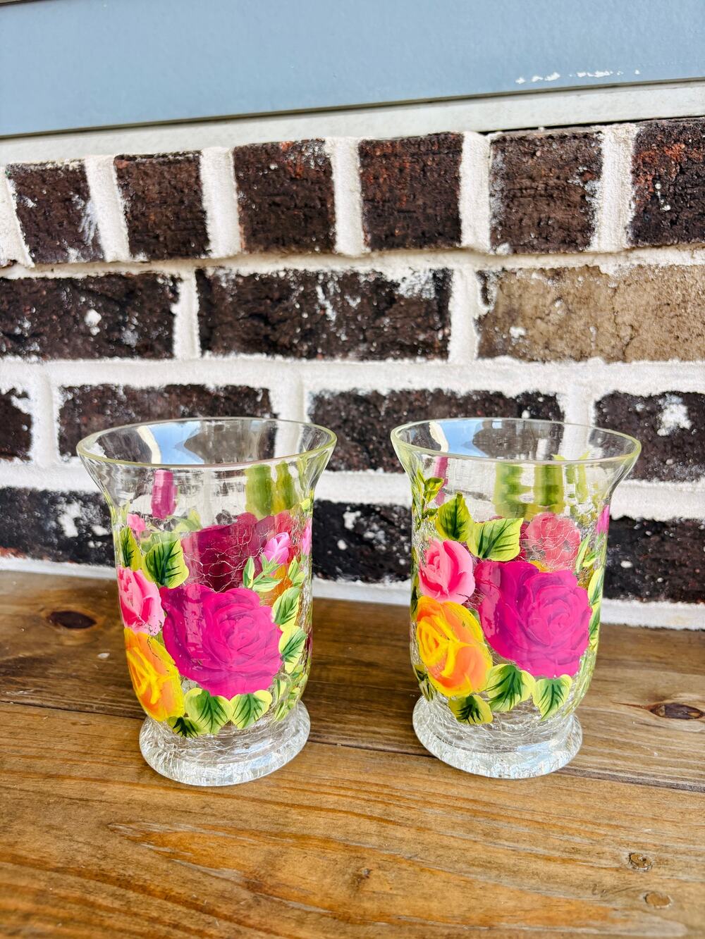 Pair Hand Painted Floral Crackle Glass Vases Pink Yellow Roses Cottagecore